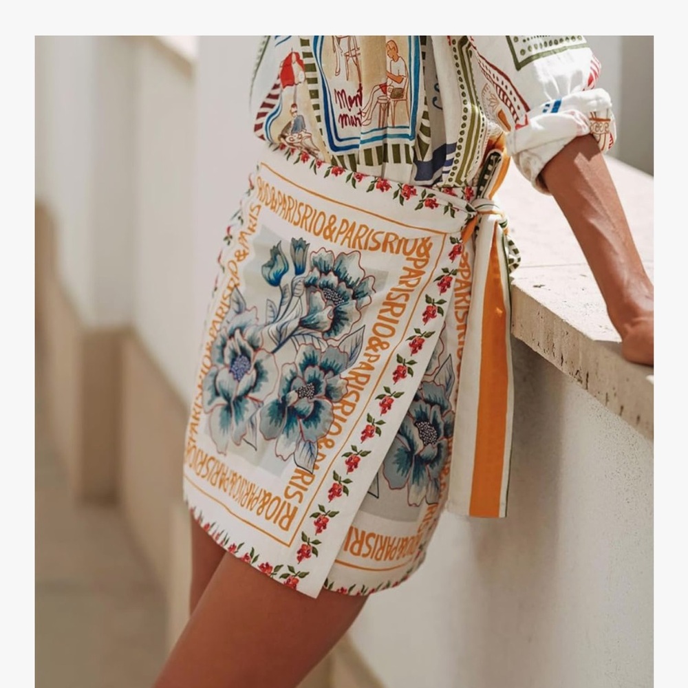 Like New French-Inspired Boho Wrap Skirt with Orange Accents, M